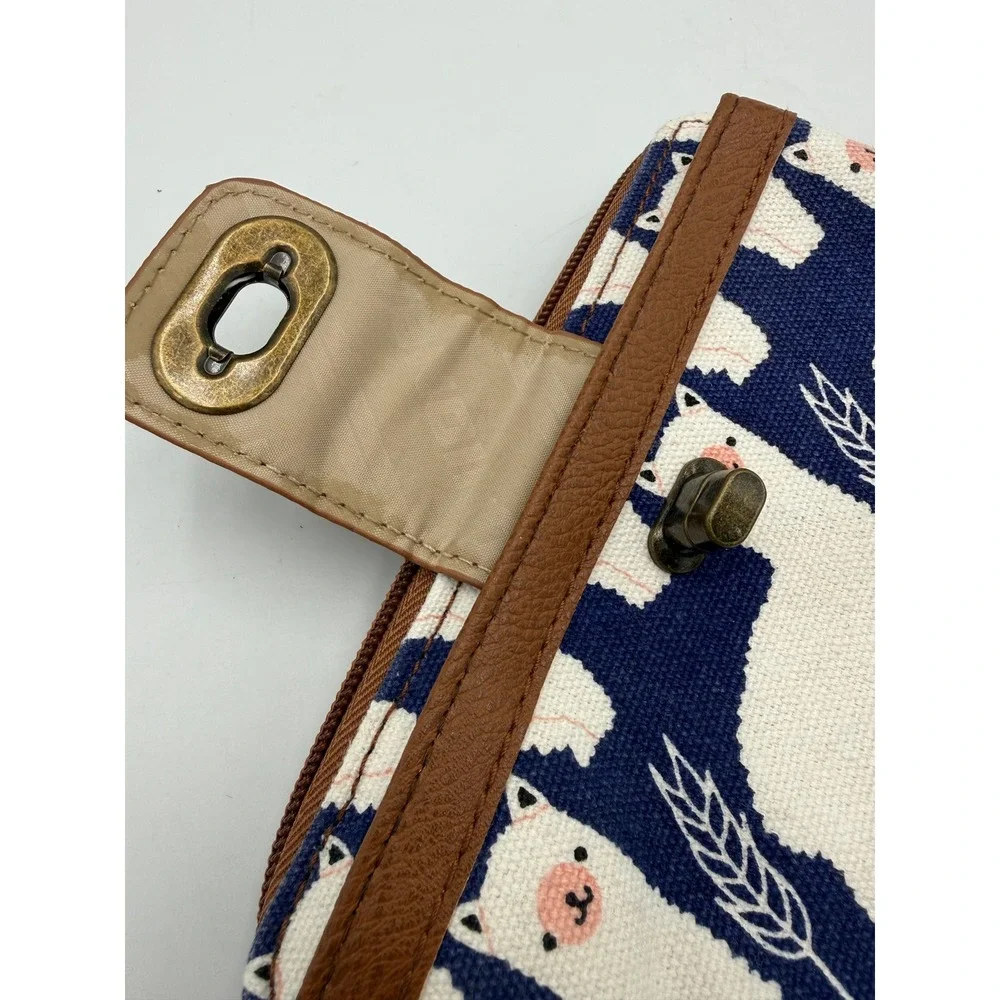 New! Unionbay Wristlet Wallet Llama Alpaca Canvas Navy Blue Brown Turn Lock